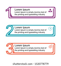 Business data visualization, infographics. Scheme of the process of elements with the help of graphics, diagrams of rectangles in three stages, with text, icons, numbers, variants, parts. 