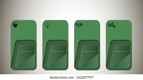 Business data visualization, infographics. Scheme of the process of elements with the help of graphics, diagrams of rectangles green in four stages, numbers, no text, variants, icons, parts. 
