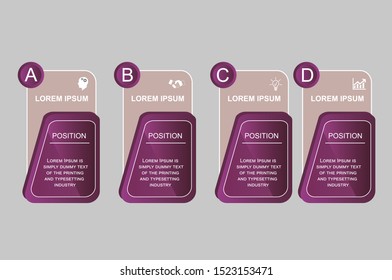 Business data visualization, infographics. Scheme of the process of elements by means of graphs, diagrams of rectangles in four stages, numbers, with an example of design of text, variants, parts. 