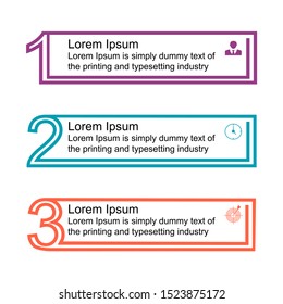 Business data visualization, infographics. Scheme of the process of elements with the help of graphs, diagrams of rectangles of contours in three stages, numbers, variants, parts. 