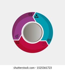 Business data visualization, infographics. Scheme of the process of elements with the help of graphics, diagrams of the circle is cut into three stages, icons, variants, parts. 