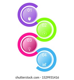 Business data visualization, infographics. Scheme of the process of elements with the help of graphics, diagrams of circles in four stages, numbers, icons, variants, parts. Business vector for present