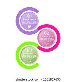 Business data visualization, infographics. Scheme of the process of elements with the help of graphics, diagrams of the circle in three stages, numbers, and an example of design of text, variants.