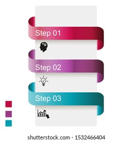 Business data visualization, infographics. Scheme of the process of elements with the help of graphics, diagrams of strips in three stages, numbers, icons, variants, parts. Business vector for present