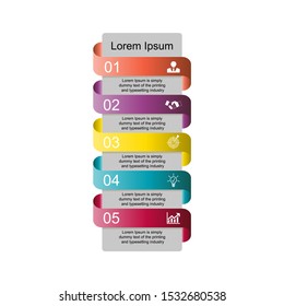 Business data visualization, infographics. Scheme of the process of elements with the help of graphics, diagrams of the strip with five stages, numbers, example of text design, options, parts. 