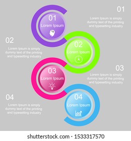 Business data visualization, infographics. Scheme of the process of elements with the help of graphics, diagrams of circles in four stages, numbers, icons, text, variants, parts. 