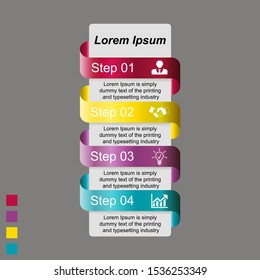 Business data visualization, infographics. Scheme of the process of elements with the help of graphics, diagrams of a square with four stages, numbers, text, icons, variants, parts. 