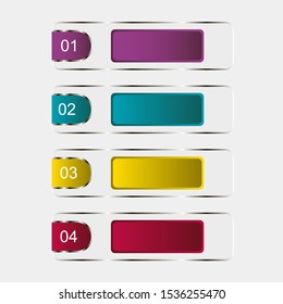 Business data visualization, infographics. Scheme of the process of elements with the help of graphs, diagrams, transparent rectangles in four steps, numbers, variants, parts. 