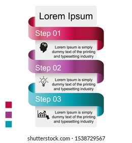 Business data visualization, infographics. Scheme of the process of elements with the help of graphics, diagrams of rectangles with stripes in three stages, numbers, variants, parts. Business vector f