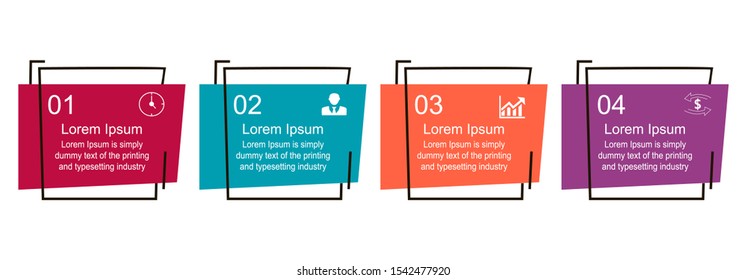 Business data visualization, infographics. Scheme of the process of elements with the help of graphics, diagrams of squares in four stages, numbers, icons, text, variants, parts. 