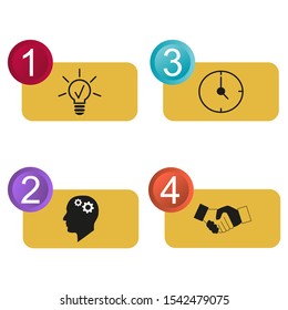Business data visualization, infographics. Scheme of the process of elements with the help of graphics, diagrams of squares with icons in four stages, numbers, icons, variants, parts.