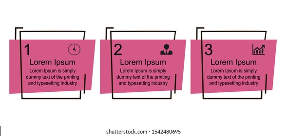 Business data visualization, infographics. Scheme of the process of elements with the help of graphics, diagrams of squares in three stages, numbers, text, icons, variants, parts. 