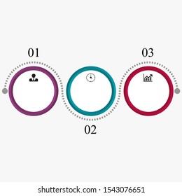 Business data visualization, infographics. Scheme of the process of elements with the help of graphics, diagrams of circles in three stages, icons, numbers, variants, parts. Business vector for presen