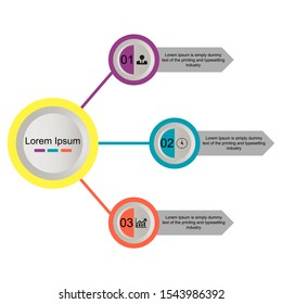 Business data visualization, infographics. Scheme of the process of elements with the help of graphs, diagrams of circles on the right in three stages, variants, parts. Business vector for presentatio