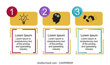 Business data visualization, infographics. Scheme of the process of elements with the help of graphics, diagrams of squares in three stages, with text, variants, parts. Business vector for presentatio