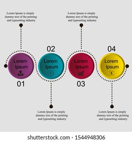 Business data visualization, infographics. Scheme of the process of elements with the help of graphics, diagrams of circles in four stages, numbers, variants, parts. Business vector for presentation.