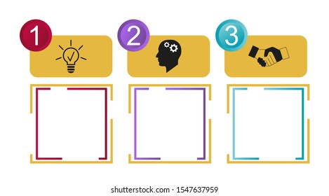 Business data visualization, infographics. Scheme of the process of elements with the help of graphics, diagrams of squares in three stages, numbers, variants, parts. Business vector for presentation.