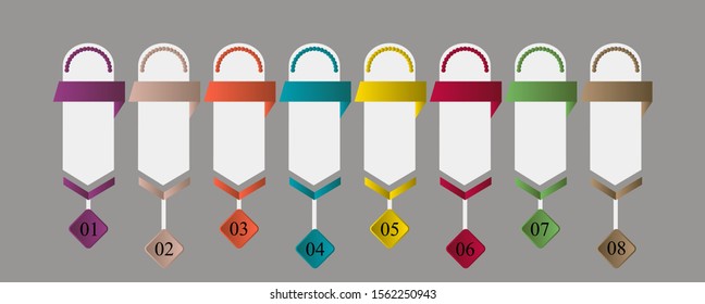 Business data visualization, infographics. Scheme of the process of elements with the help of graphics, figure diagrams in eight stages, numbers, icons, variants, parts. Business vector for presentati