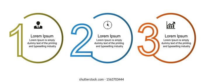 Business data visualization, infographics. Scheme of the process of elements with the help of graphics, diagrams of the figure circles into three stages, numbers, icons, example text design, options