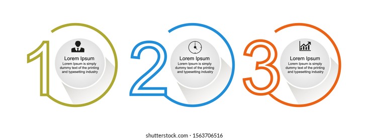 Business data visualization, infographics. Scheme of the process of elements with the help of graphics, diagrams of the figure of the circle in three stages, numbers, icons, example of text inside the