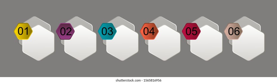 Business data visualization, infographics. Scheme of the process of elements with the help of graphics, diagrams of hexagons in six stages, numbers, icons, variants, parts. Business vector for present
