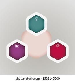 Business data visualization, infographics. Scheme of the process of elements with the help of graphs, diagrams, hexagonsin three stages, with icons options, parts. Business vector for presentation.