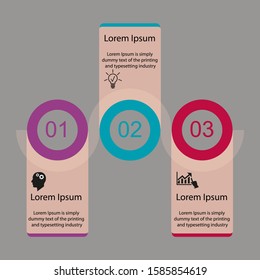 Business data visualization, infographics. Scheme of the process of elements with the help of graphics, diagrams of figures in three stages, numbers, icons, text, variants, parts. 