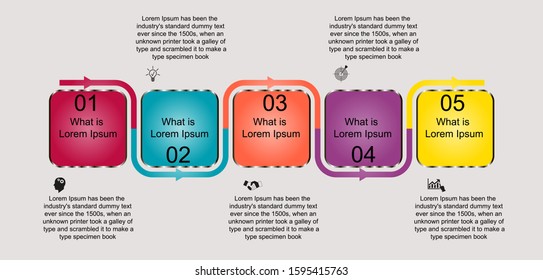 Business data visualization, infographics. Scheme of the process of elements with the help of graphics, diagrams in five stages, numbers, icons, variants, parts. Business vector for presentation.