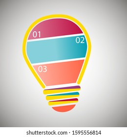 Business data visualization, infographics. Scheme of the process of elements with the help of graphics, light bulb in three stages, numbers, variants, parts. Business vector for presentation.
