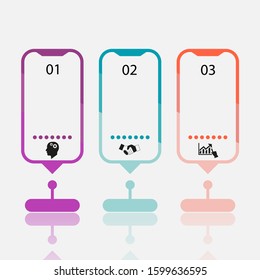Business data visualization, infographics. Scheme of the process of elements with the help of graphics, diagrams of rectangles in three stages, numbers, icons, variants, parts. 