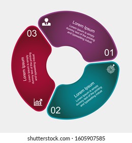 Business data visualization, infographics. Scheme of the process of elements with the help of graphics, diagrams of a circle on three stages, numbers, variants, parts. Business vector for presentation