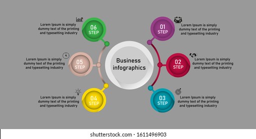 Business data visualization, infographics. Scheme of the process of elements with the help of graphics, diagrams in six stages, with circles, numbers, variants, parts. Business vector for presentation