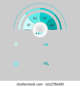 Business data visualization, infographics. Scheme of the process of elements by means of graphs, diagrams of a circle in four stages, numbers, for text, variants, parts. Business vector for presentati