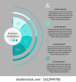 Business data visualization, infographics. Scheme of the process of the elements with the help of graphics, diagrams in four stages, light green icons, with the instrument of text, variants, parts. 