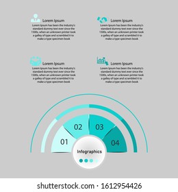 Business data visualization, infographics. Scheme of the process of elements by means of graphs, diagrams of semicircles in four stages, numbers, text from above, variants, parts. 