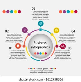 Business data visualization, infographics. Scheme of the process of elements with the help of graphics, diagrams circles multicolored in six stages, numbers, text, variants, parts. 