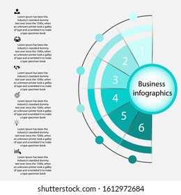 Business data visualization, infographics. Scheme of the process of elements with the help of graphics, six-circle diagrams in six stages on the right, numbers, text on the left, options icons, parts.