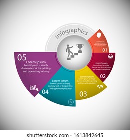 Business data visualization, infographics. Scheme of the process of elements by means of graphs, diagrams of a circle with multicolored particles into five parts, with text, variants, parts.  