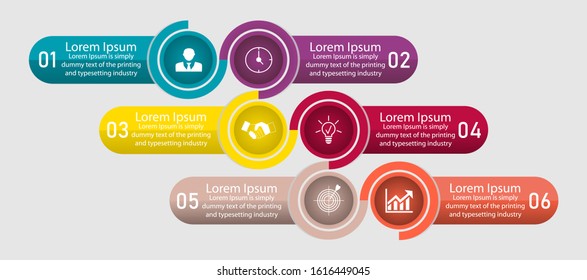 Business data visualization, infographics. Scheme of the process of elements with the help of graphics, diagrams in six steps, icons, with an example of design text, variants, parts. Business vector 