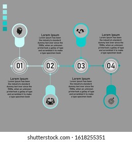 Business data visualization, infographics. Scheme of the process of elements with the help of graphs, diagrams in four positions, icons, numbers and text, variants, parts. Business vector for presenta