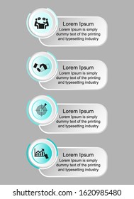 Business data visualization, infographics. Scheme of the process of elements with the help of graphs, diagrams in four stages, negotiations, handshakes, options, parts. Business vector for presentatio