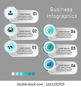 Business data visualization, infographics. Scheme of the process of elements with the help of graphics, diagrams in six stages, negotiations, handshake, light bulb, purpose, options, parts. 