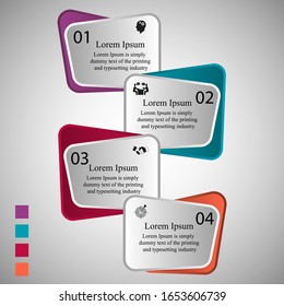Business data visualization, infographics. Scheme of the process of elements using graphics,
 the diagrams of rectangles are curved into four positions of multicolored numbers, variants. 