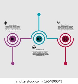 Business data visualization, infographics. Scheme of the process of elements with the help of graphics, diagrams of the circle in three stages, numbers, variants, parts. Business vector for presentati