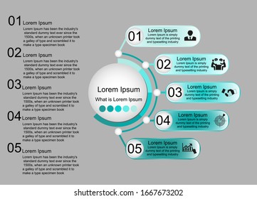 Business data visualization, infographics. Scheme of the process of elements with the help of graphics, diagrams of a circle with five to five steps, numbers, variants, parts, text on the left.