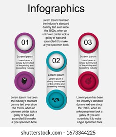Business data visualization, infographics. Scheme of the process of elements using graphics, diagrams in three stages, numbers, variants, parts. Business vector for presentation.