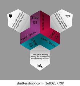 Visualización de datos empresariales, infografías. Esquema del proceso de elementos con la ayuda de gráficos, diagramas en tres pasos, números, variantes, partes. Vector de negocio para presentación.