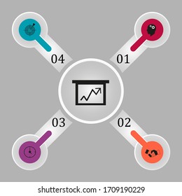Business data visualization, infographics. Scheme of the process of elements with the help of graphics, diagrams in four stages, numbers, variants, parts. Business vector for presentation