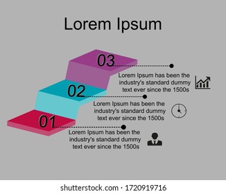Business data visualization, infographics. Scheme of the process of elements with the help of graphics, diagrams of rectangles in three stages, numbers, variants, parts. Business vector for presentati