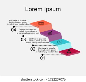 Business data visualization, infographics. Scheme of the process of elements with the help of graphics, diagrams of rectangles in four stages, numbers, variants, parts, icons, text. 